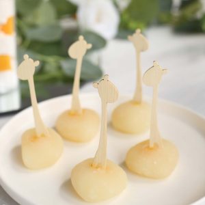 100-Pack Bamboo Mini Forks 4", Double Pronged Giraffe Design Natural Biodegradable Cocktail Picks - Eco Friendly Disposable Party Supplies